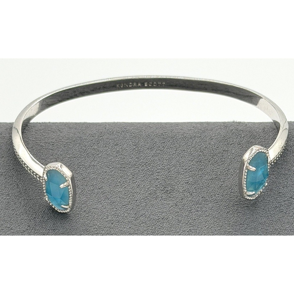 Kendra Scott Elton Cuff Bracelet Silver Tone Teal Blue Stones Adjustable Signed